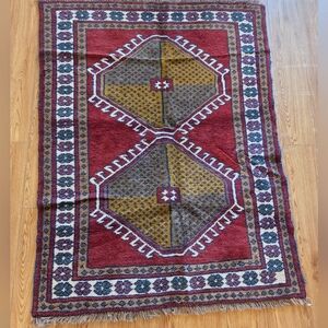 Vintage Hand-Knotted Tribal Rug - 4x5 Red Geometric Medallion Wool Carpet